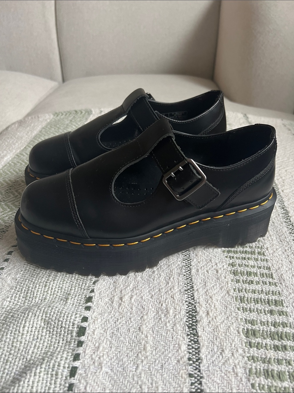 Dr. Martens Black Leather Platform Mary Jane Shoes with Yellow Stitching